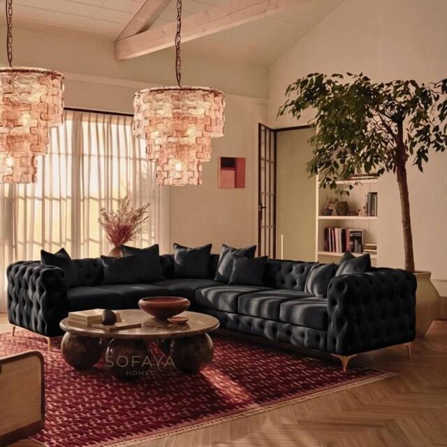 Sofaya Monaco Chesterfield 6 Seater Sofa Velvet Left Hand Corner Chaise in Black - Size: 6 Person - image 1