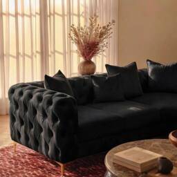 Sofaya Monaco Chesterfield 6 Seater Sofa Velvet Left Hand Corner Chaise in Black - Size: 6 Person - thumbnail 3