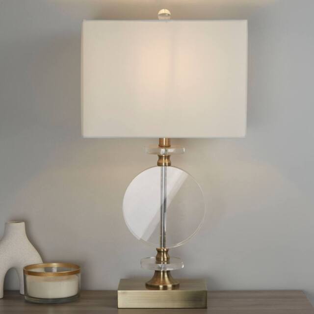 Lighting Collection Contemporary Gold Base Table Lamp with Decorative Clear Disc in Bronze - image 1