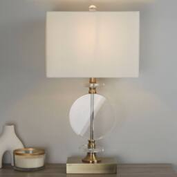 Lighting Collection Contemporary Gold Base Table Lamp with Decorative Clear Disc in Bronze - thumbnail 1