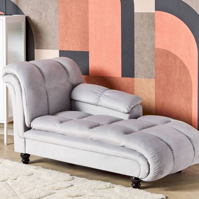Wyld and Coco Left Hand Grey Velvet Chaise Lounge Biscuit Padding Black Wooden - image 1