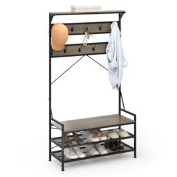 Costway Coat Rack 4-In-1 Hall Tree with 11 Hanging Hooks & Shoe Bench in Grey
