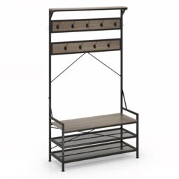 Costway Coat Rack 4-In-1 Hall Tree with 11 Hanging Hooks & Shoe Bench in Grey - thumbnail 6