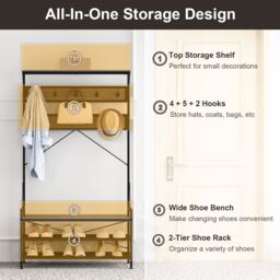 Costway Coat Rack 4-In-1 Hall Tree with 11 Hanging Hooks & Shoe Bench in Grey - thumbnail 4