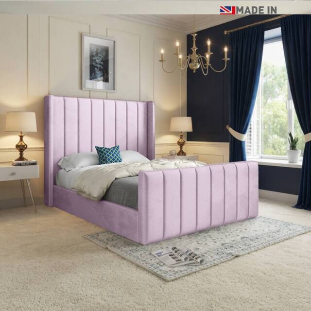 KDMD Sturminster Winged Upholstered Pink Soft Velvet Designer Bed Frame - Size: Small Double - image 1