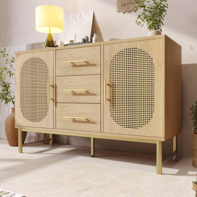 Fascinate Oak Effect Rattan Sideboard Cabinet with 2 Doors & 3 Drawers in Light Oak - image 1