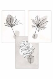 ARTZE Set of 3 Grey & Beige Botanical Sketch Leaves Art Posters in Light Beige - Size: W50 cm x H70 cm - thumbnail 1