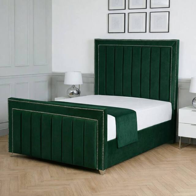 Living Comfort Bedz Royale Plush Velvet Upholstered Bed Slatted Base with 48Inch Headboard in Green - Size: Double - image 1
