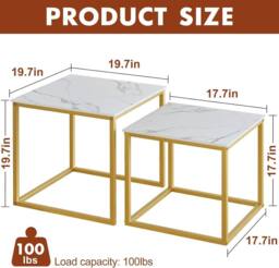Huhote Metal Frame Marble Finish Top Nesting Side End Table 2 Set Coffee Table in Gold - thumbnail 3