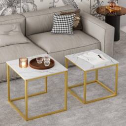 Huhote Metal Frame Marble Finish Top Nesting Side End Table 2 Set Coffee Table in Gold