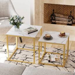 Huhote Metal Frame Marble Finish Top Nesting Side End Table 2 Set Coffee Table in Gold - thumbnail 2