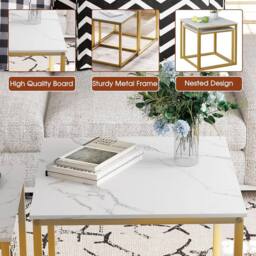 Huhote Metal Frame Marble Finish Top Nesting Side End Table 2 Set Coffee Table in Gold - thumbnail 5