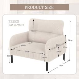 Direct Wicker Single Corduroy Armchair, Wide Seat Lounge Chair, Accent Furniture in Beige - Size: 1 Pack - thumbnail 2