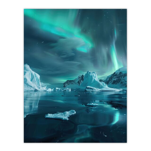 "Artery8 Aurora Australis Antarctica Night Iceberg Seascape Wall Art Print in Blue - Size: W24"" x H32""" - image 1