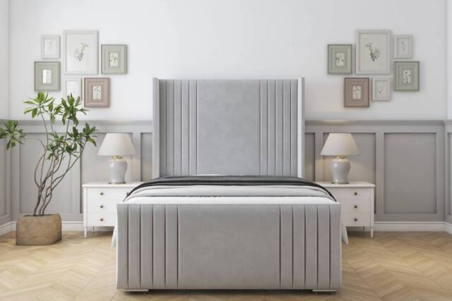 "Sloomy Camden Plush Bed Frame With 50"" Upholstered Wingback Headboard in Silver - Size: Super King" - image 1