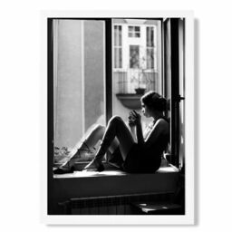 ARTZE Girl in Window Fashion Black & White Photo Framed Print SIZE: A2 with White Frame - Size: A4 - thumbnail 1