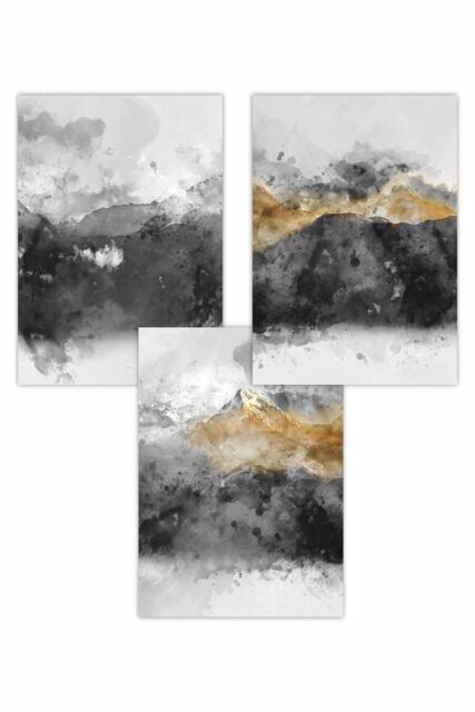 ARTZE Set of 3 Abstract Grey & Yellow Mountains Art Posters in Dark Grey - Size: W50 cm x H70 cm - image 1
