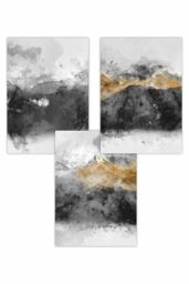 ARTZE Set of 3 Abstract Grey & Yellow Mountains Art Posters in Dark Grey - Size: W50 cm x H70 cm - thumbnail 1