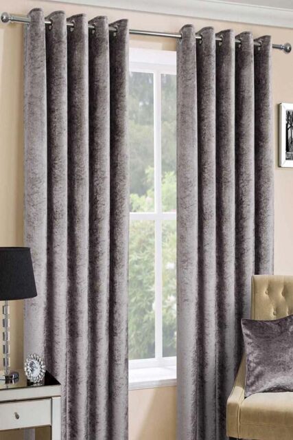 Homescapes Luxury Crushed Velvet Lined Eyelet Curtain Pair in Silver - Size: 167 cm width x 183 cm drop - image 1