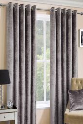 Homescapes Luxury Crushed Velvet Lined Eyelet Curtain Pair in Silver - Size: 167 cm width x 183 cm drop