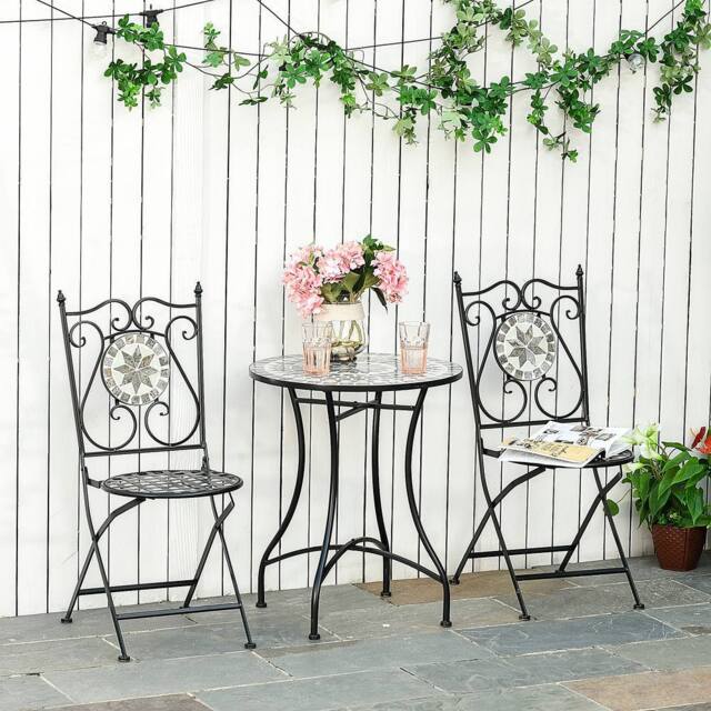 OUTSUNNY 3 Pcs Mosaic Tile Garden Bistro Set Outdoorwith Table 2 Folding Chairs in Grey - image 1