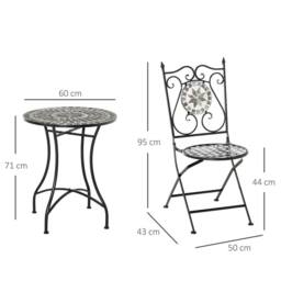 OUTSUNNY 3 Pcs Mosaic Tile Garden Bistro Set Outdoorwith Table 2 Folding Chairs in Grey - thumbnail 3