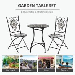 OUTSUNNY 3 Pcs Mosaic Tile Garden Bistro Set Outdoorwith Table 2 Folding Chairs in Grey - thumbnail 6