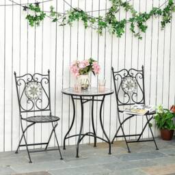 OUTSUNNY 3 Pcs Mosaic Tile Garden Bistro Set Outdoorwith Table 2 Folding Chairs in Grey - thumbnail 1