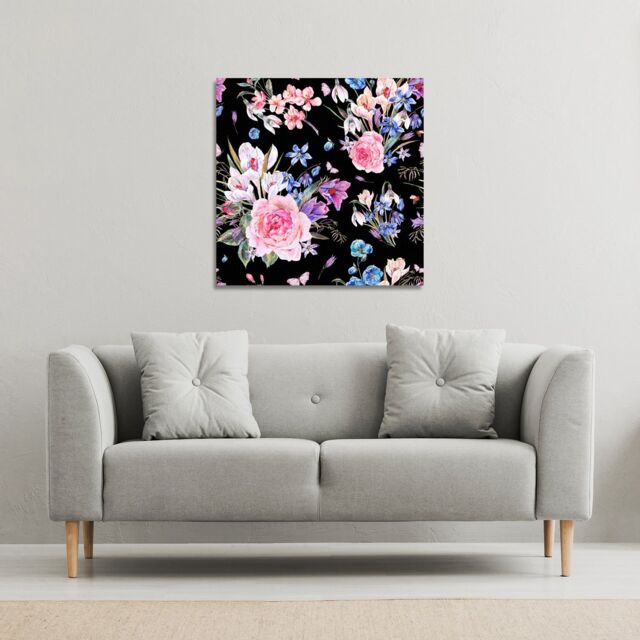 Benjamin Tate Design Bright Pink Flowers on Black (Canvas Print) / 101 x 101 x 4cm in Natural - Size: 101 x 101 x 4 cm - image 1