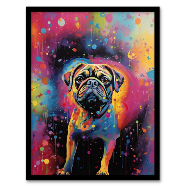 "Artery8 Wall Art Print Pug Dog Lover Gift Pet Portrait Colourful Neon Artwork Painting Art Framed - Size: W12"" x H16""" - image 1