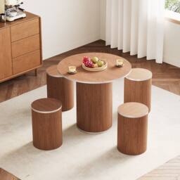 Dprodo 80CM Round Dining Table & Chairs of 4 in Walnut - thumbnail 3