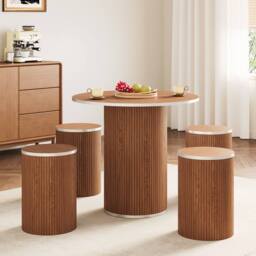 Dprodo 80CM Round Dining Table & Chairs of 4 in Walnut - thumbnail 1