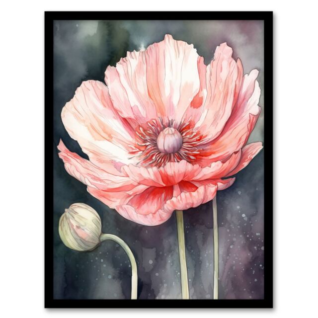 Artery8 Wall Art Print Pink Poppy Flower Pastel Watercolour Painting Spring Bud & Bloom Close-Up Nature Colourful Bright Floral Modern Artwork Art - image 1