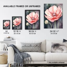 Artery8 Wall Art Print Pink Poppy Flower Pastel Watercolour Painting Spring Bud & Bloom Close-Up Nature Colourful Bright Floral Modern Artwork Art - thumbnail 3