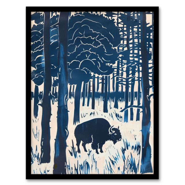"Artery8 Bison Grazing in Forest Blue Landscape Painting Framed Wall Art - Size: W12"" x H16""" - image 1