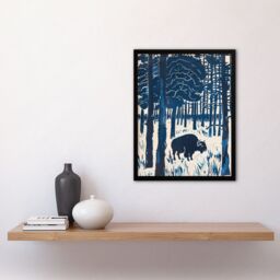 "Artery8 Bison Grazing in Forest Blue Landscape Painting Framed Wall Art - Size: W12"" x H16""" - thumbnail 4