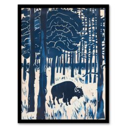 "Artery8 Bison Grazing in Forest Blue Landscape Painting Framed Wall Art - Size: W12"" x H16""" - thumbnail 1