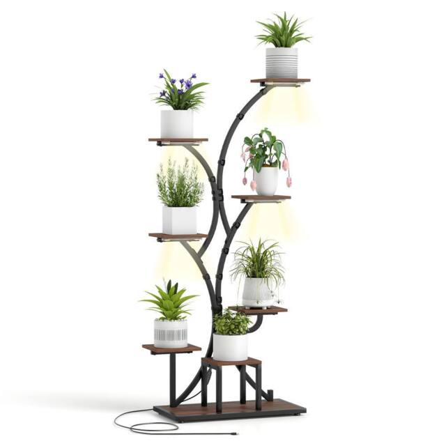 Gymax 146 cm Indoor Plant Stand Grow Lights Corner Metal Flowerpot Holder in Walnut - image 1