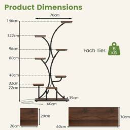 Gymax 146 cm Indoor Plant Stand Grow Lights Corner Metal Flowerpot Holder in Walnut - thumbnail 2