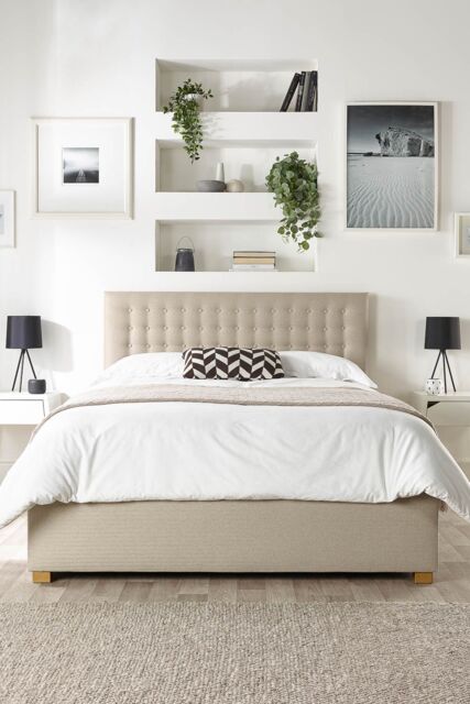 Catherine Lansfield Opulence Ottoman Storage Bed in Saxon Twill Fabric, Custom Made in Natural - Size: Double - image 1