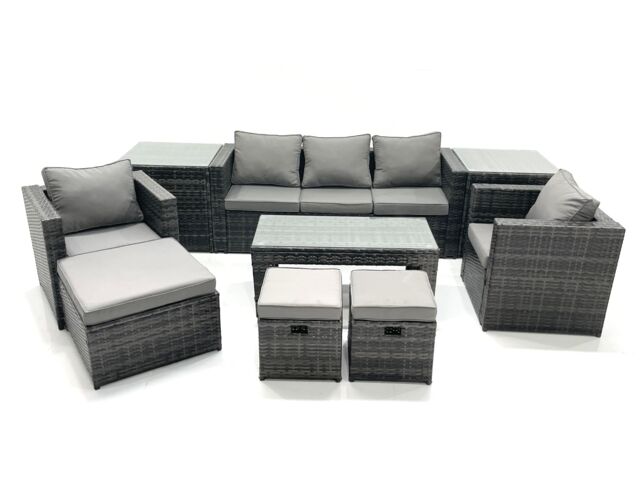 Fimous 8 Seater Rattan Garden Furniture Set Outdoor Lounger Sofa with Coffee Table 2 Armchair 3 Footstools 2 Side Tables Dark Grey Mixed - image 1