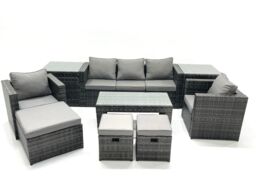 Fimous 8 Seater Rattan Garden Furniture Set Outdoor Lounger Sofa with Coffee Table 2 Armchair 3 Footstools 2 Side Tables Dark Grey Mixed - thumbnail 2
