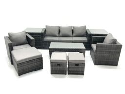 Fimous 8 Seater Rattan Garden Furniture Set Outdoor Lounger Sofa with Coffee Table 2 Armchair 3 Footstools 2 Side Tables Dark Grey Mixed - thumbnail 1