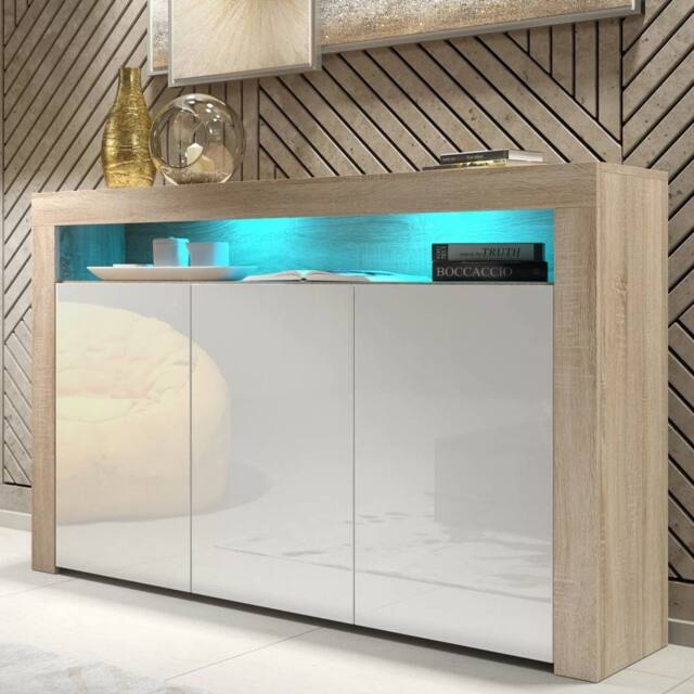 FLAVORA Yes TV Unit Cabinet Sideboard Oak White Gloss Doors - image 1