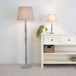 ValueLights Victoria Grey Wood Traditional Floor Lamp with Fabric Tapered Shade & LED Bulb - thumbnail 5