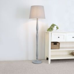 ValueLights Victoria Grey Wood Traditional Floor Lamp with Fabric Tapered Shade & LED Bulb