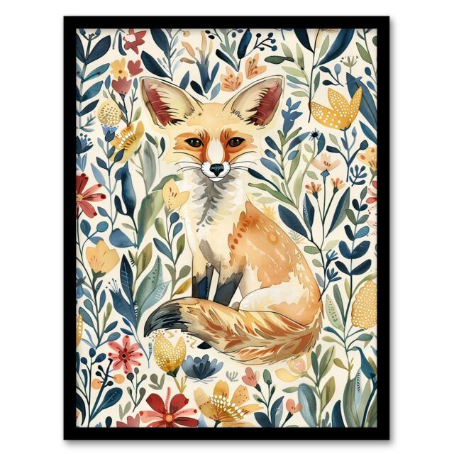 "Artery8 Fennec Fox in Wildflower Field Floral Watercolour Framed Wall Art - Size: W12"" x H16""" - image 1