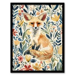 "Artery8 Fennec Fox in Wildflower Field Floral Watercolour Framed Wall Art - Size: W12"" x H16""" - thumbnail 1
