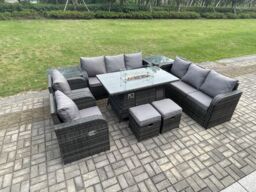 Fimous Wicker Rattan Garden Furniture Set Gas Fire Pit Dining Table Indoor Outdoor with 2 Side Tables Chair Loveseat Sofa Footstool in Dark Grey - thumbnail 3