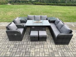 Fimous Wicker Rattan Garden Furniture Set Gas Fire Pit Dining Table Indoor Outdoor with 2 Side Tables Chair Loveseat Sofa Footstool in Dark Grey - thumbnail 1